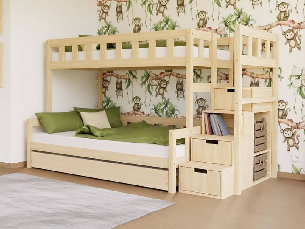 Holz Etagenbett ELA mit Regalstufen für 3 Personen von Benlemi