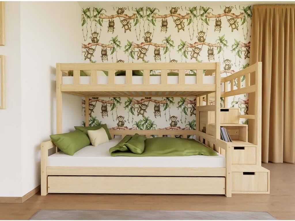 Etagenbett ELA für 3 Personen mit Regalstufen aus Holz