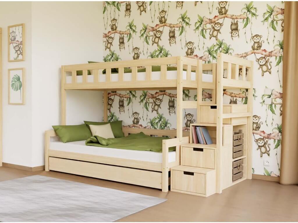 Etagenbett ELA für drei Kinder mit Regalstufen und Stauraum