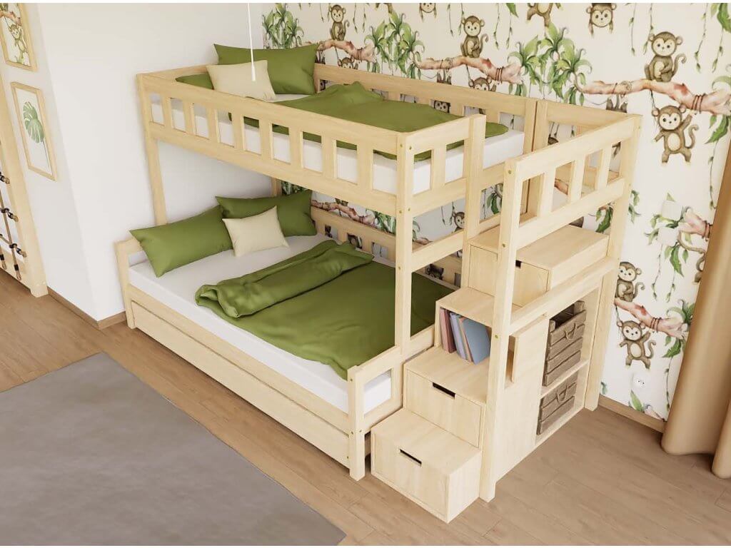 3-Personen-Etagenbett ELA aus Holz mit Regalstufen