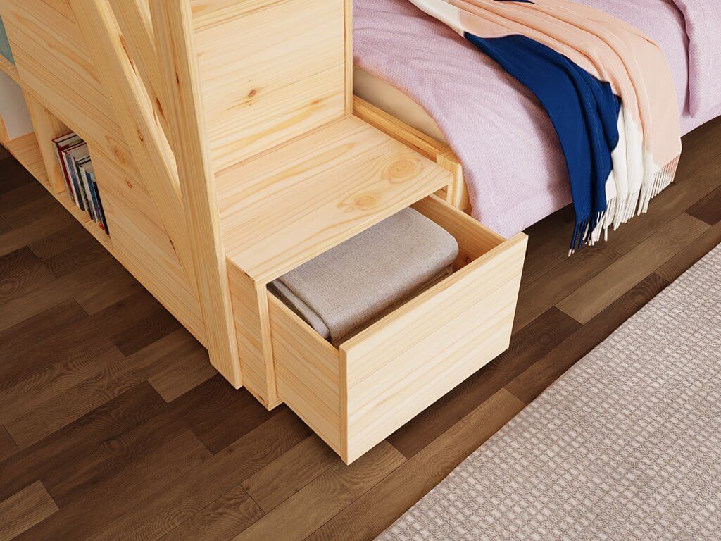 Holz Etagenbett HANNES für 3 Personen mit Stufenregal, versch. Farben