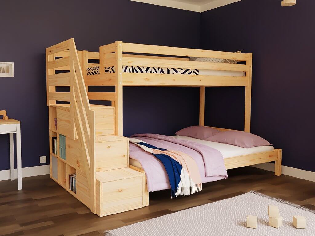 Holz Etagenbett HANNES für 3 Personen mit Stufenregal, versch. Farben