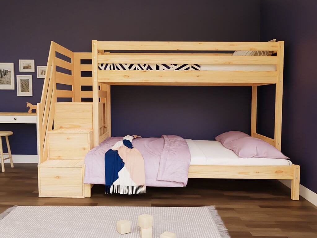 Holz Etagenbett HANNES für 3 Personen mit Stufenregal, versch. Farben