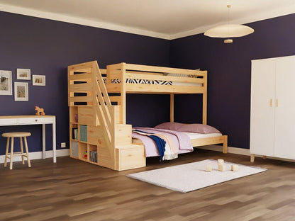 Holz Etagenbett HANNES für 3 Personen mit Stufenregal, versch. Farben