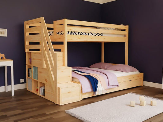 Holz Etagenbett HANNES für 3 Personen mit Stufenregal, versch. Farben