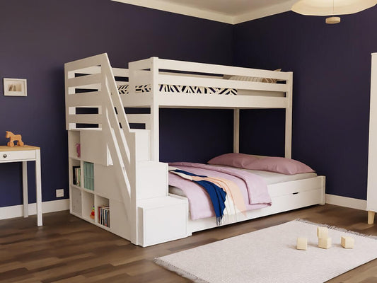 Holz Etagenbett HANNES für 3 Personen mit Stufenregal, versch. Farben