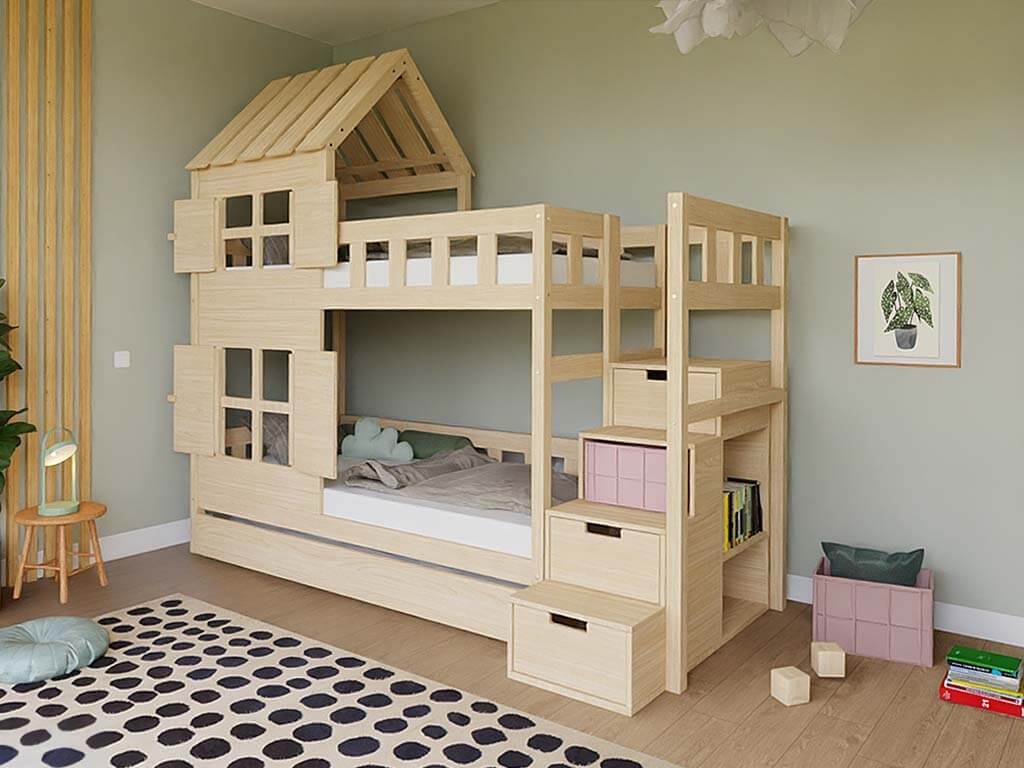 Holz Etagenbett HOLIDAY mit kurzem Dach 90x200 cm, versch. Farben