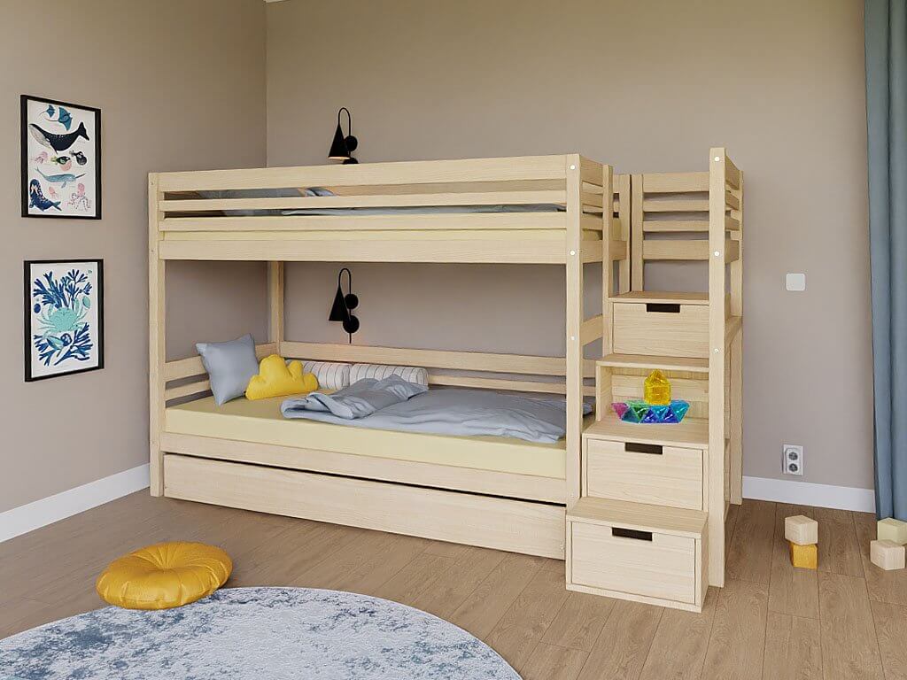 Holz Etagenbett Loni mit Regalstufen, versch. Farben & Zubehör im Kinderzimmer mit Stauraum.