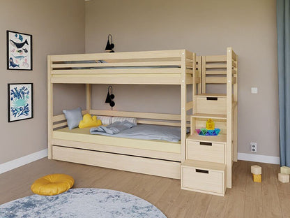 Holz Etagenbett Loni mit Regalstufen, versch. Farben & Zubehör im Kinderzimmer mit Stauraum.