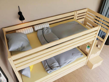 Holz Etagenbett Loni mit Regalstufen, versch. Farben & Zubehör, gemütlich und funktional für Kinderzimmer.