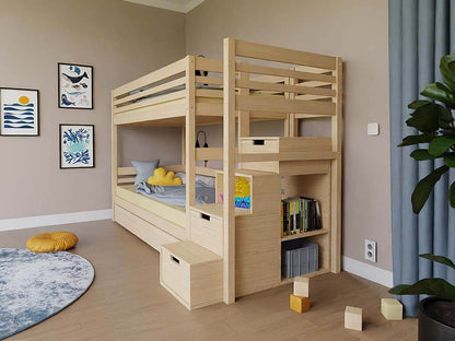 Holz Etagenbett Loni mit Regalstufen, versch. Farben & Zubehör im modernen Kinderzimmer-Design.
