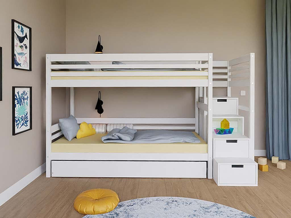 Holz Etagenbett Loni mit Regalstufen, versch. Farben & Zubehör im modernen Kinderzimmer-Design.