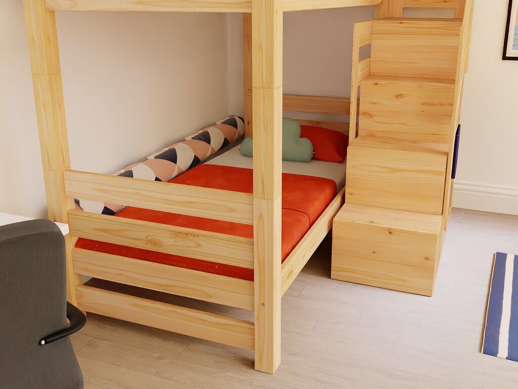 Holz Etagenbett THEA mit Stufenregal vorne in einem modernen Kinderzimmer-Design.