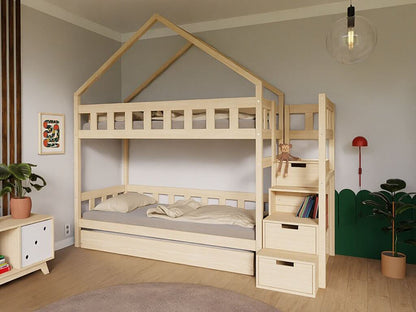 ELA Wood House Bunk Bed with Stair Shelves, various colors & accessories, 90 x 200 cm