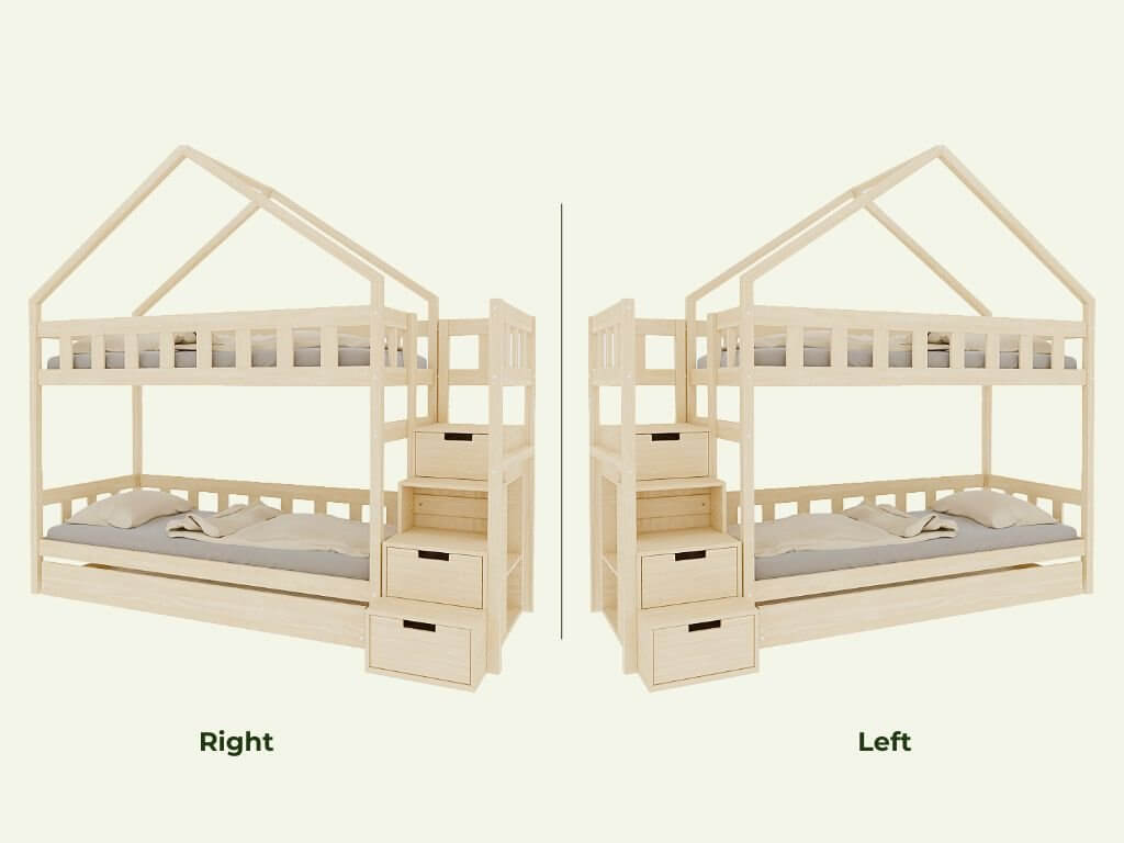 ELA Wood House Bunk Bed with Stair Shelves, various colors & accessories, 90 x 200 cm