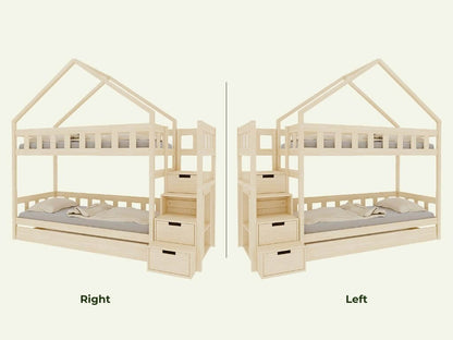 ELA Wood House Bunk Bed with Stair Shelves, various colors & accessories, 90 x 200 cm