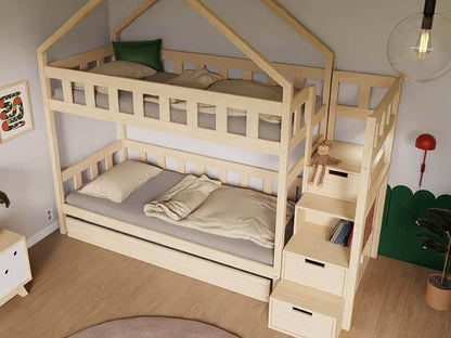 ELA Wood House Bunk Bed with Stair Shelves, various colors & accessories, 90 x 200 cm