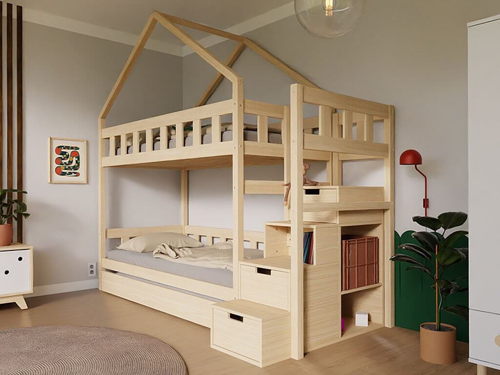 ELA Wood House Bunk Bed with Stair Shelves, various colors & accessories, 90 x 200 cm