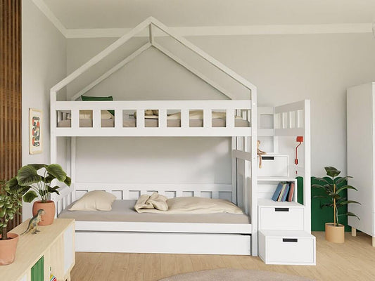 Holz Haus Etagenbett ELA mit Regalstufen, versch. Farben & Zubehör, 90 x 200 cm