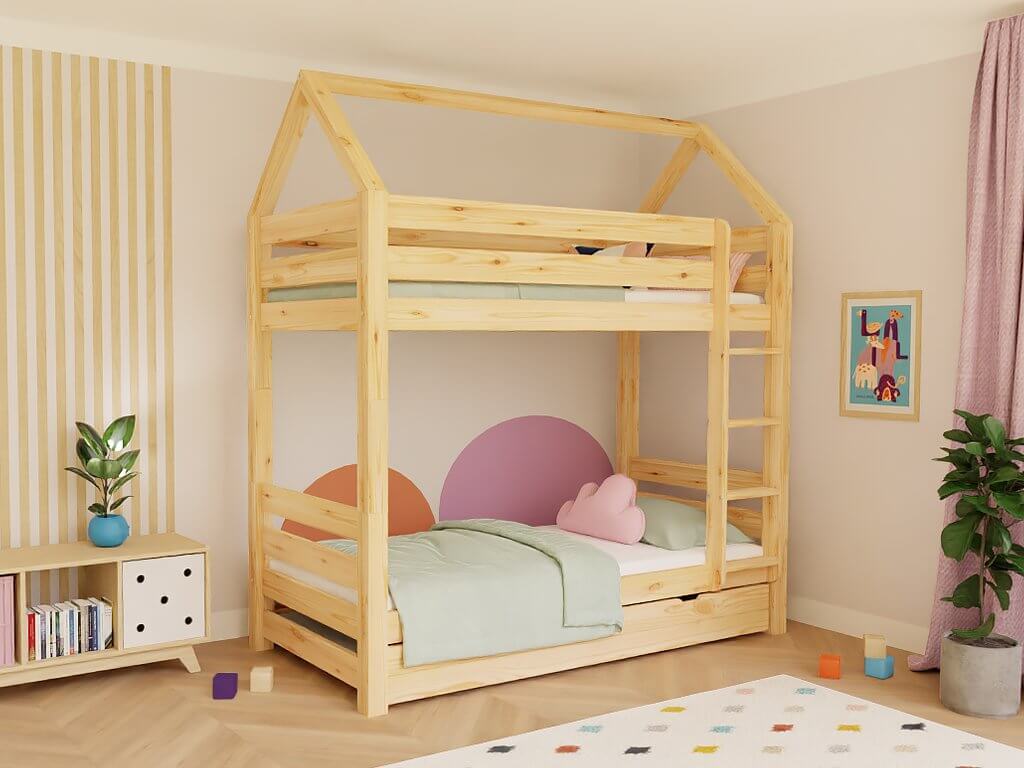 Wooden house bunk bed THEA with step shelf at the front