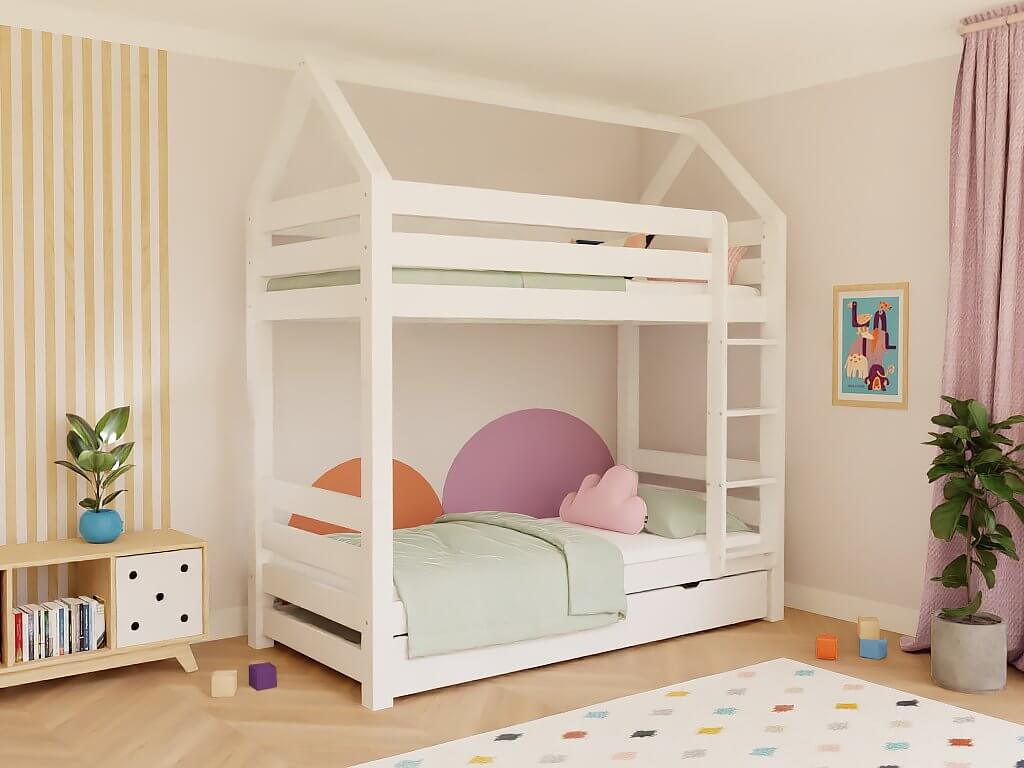 Wooden house bunk bed THEA with step shelf at the front