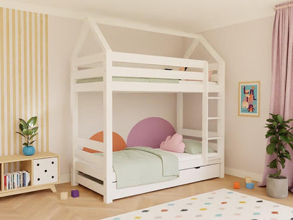 Wooden house bunk bed THEA with step shelf at the front