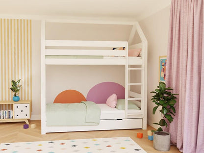 Wooden house bunk bed THEA with step shelf at the front