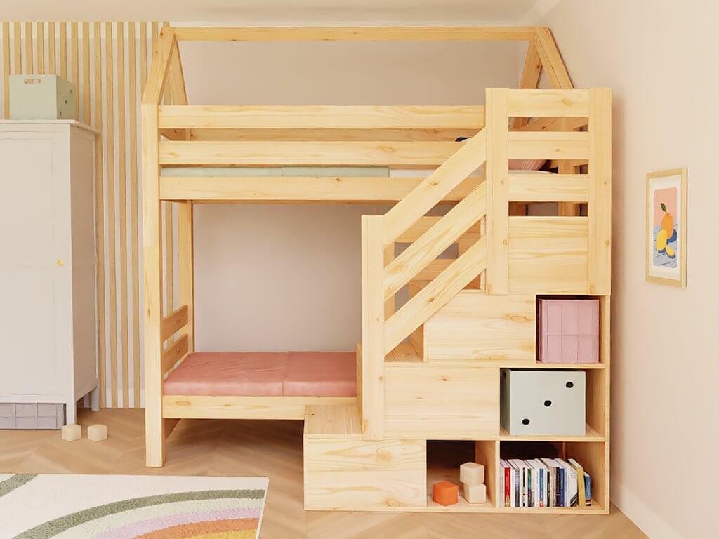 Holz Haus Etagenbett THEA mit Stufenregal vorne – stilvolles Design für gemütliche Kinderzimmer.
