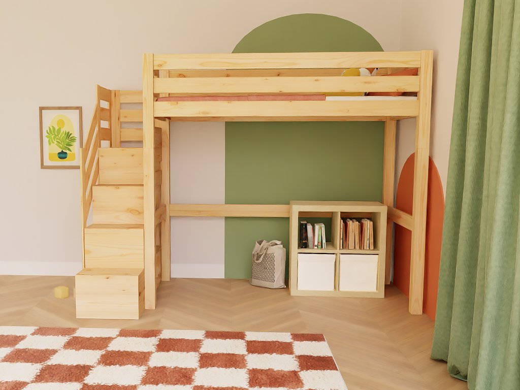 Holz Hochbett mit Stufenregal 90x200 cm