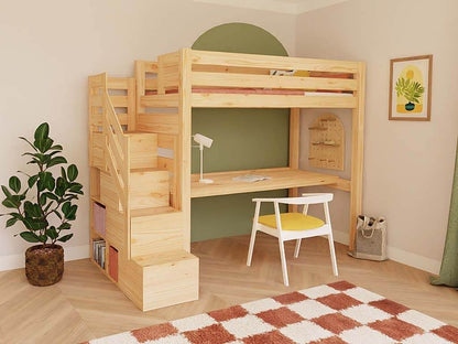 Holz Hochbett mit Stufenregal und Schreibtisch 90x200 cm in modernem Kinderzimmer-Design.