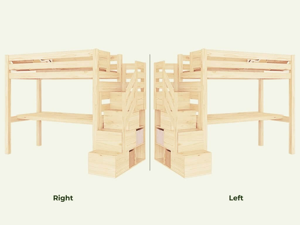 Holz Hochbett mit Stufenregal und Schreibtisch 90x200 cm - Ansicht von links und rechts