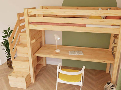 Holz Hochbett mit Stufenregal und Schreibtisch 90x200 cm im modernen Kinderzimmer-Design.