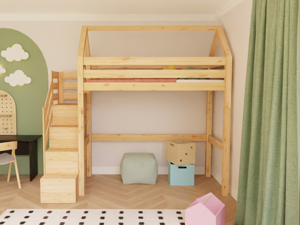 Holz Haus Hochbett mit Stufenregal 90x200 cm