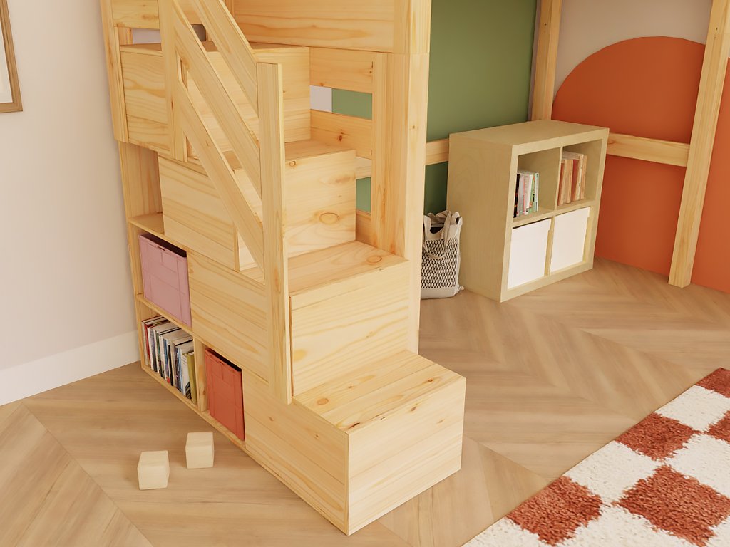 Holz Haus Hochbett mit Stufenregal 90x200 cm