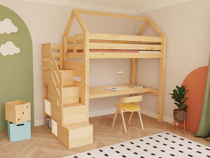 Holz Haus Hochbett mit Stufenregal und Schreibtisch 90x200 cm
