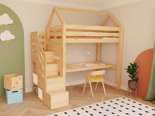 Holz Haus Hochbett mit Stufenregal und Schreibtisch 90x200 cm