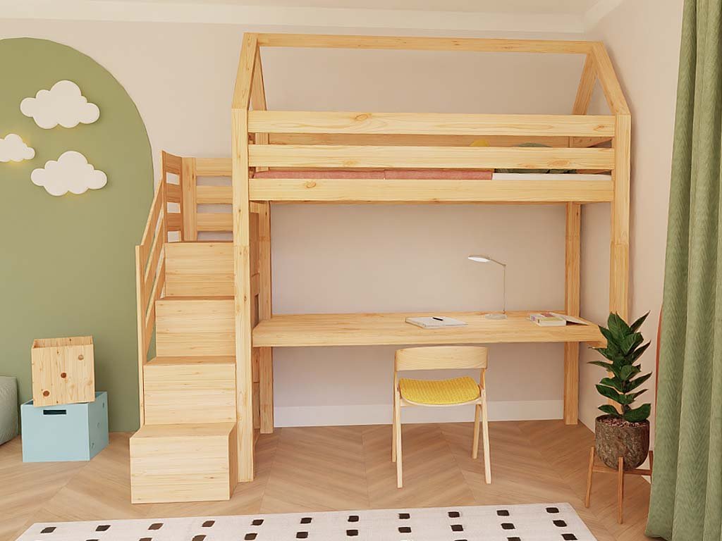 Holz Haus Hochbett mit Stufenregal und Schreibtisch 90x200 cm