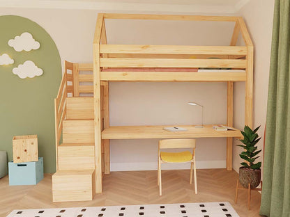 Holz Haus Hochbett mit Stufenregal und Schreibtisch 90x200 cm