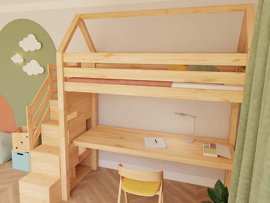 Holz Haus Hochbett mit Stufenregal und Schreibtisch 90x200 cm