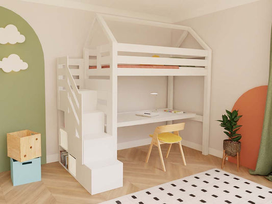 Holz Haus Hochbett mit Stufenregal und Schreibtisch 90x200 cm
