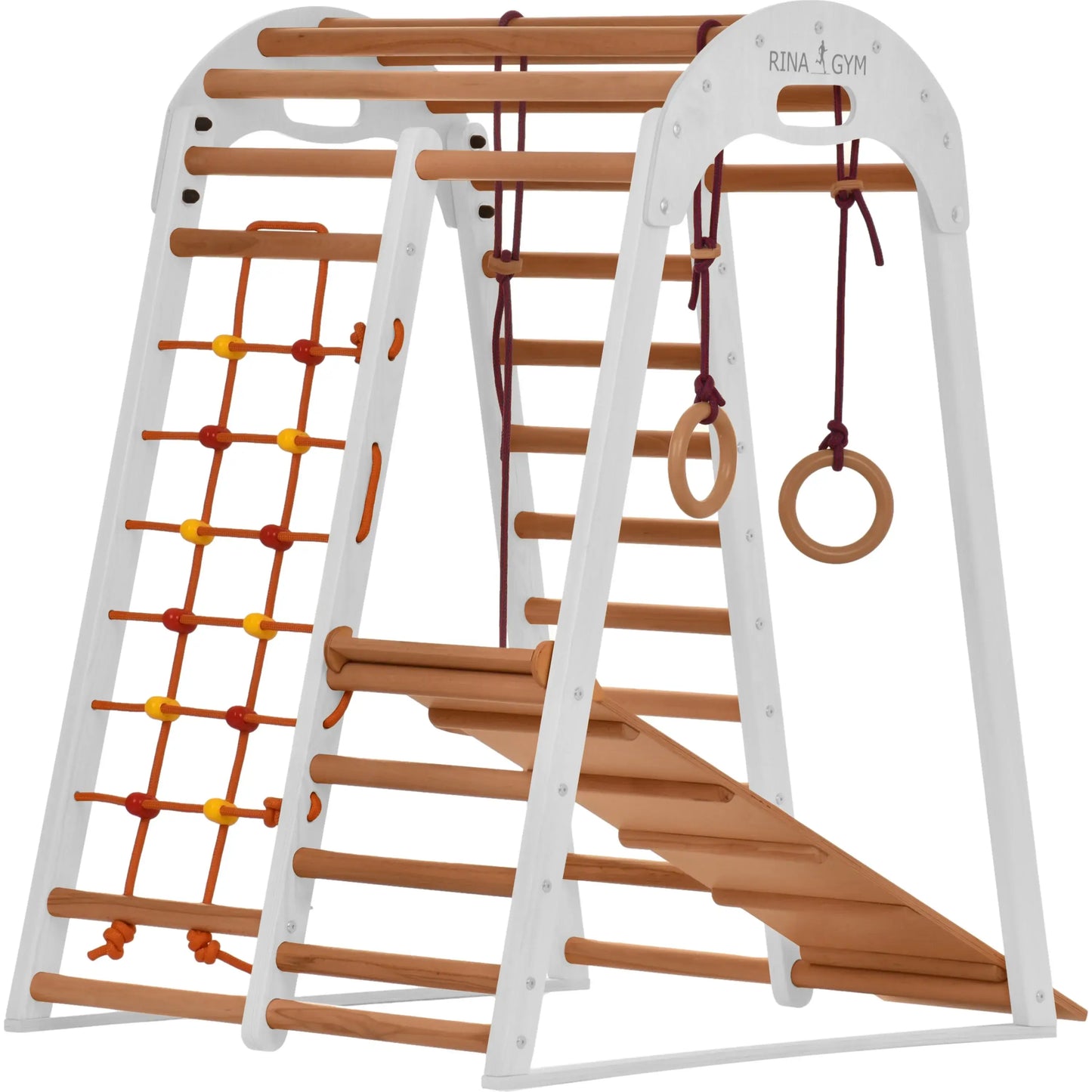 Binnenspeeltuin wit van hout - klimnet, zweedse ladder, ringen, glijbaan
