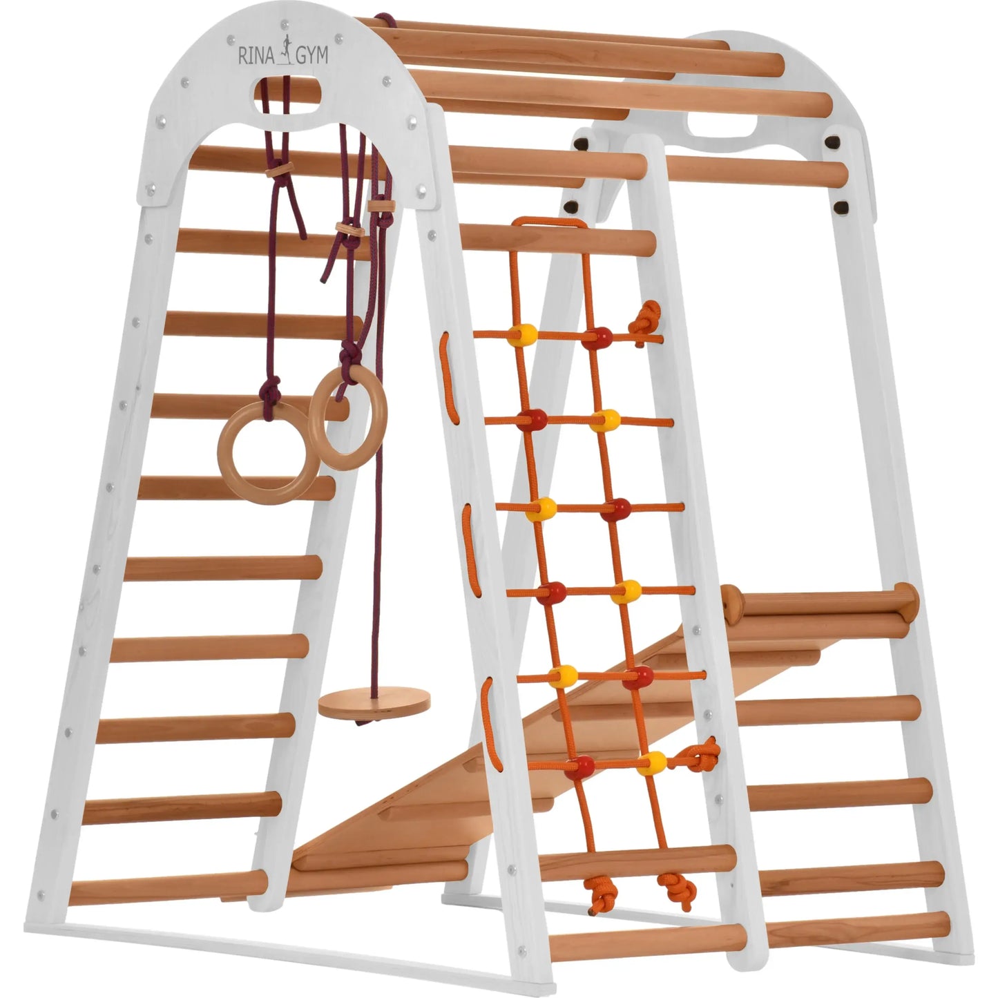 Binnenspeeltuin wit van hout - klimnet, zweedse ladder, ringen, glijbaan