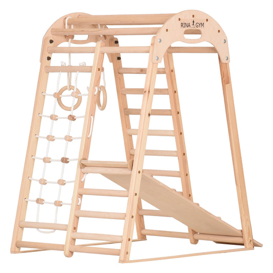 Indoor Spielplatz - Kletternetz, schwedische Leiter, Ringe, Rutsche - unbehandeltes Holz