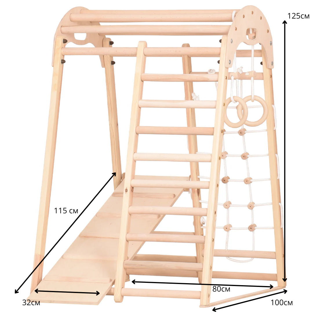 Indoor Spielplatz natur aus Holz - Kletternetz, schwedische Leiter, Ringe, Rutsche