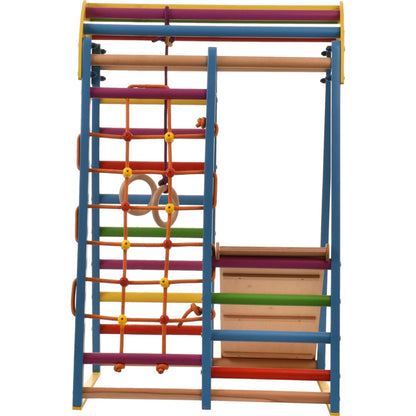 Blauwe binnenspeeltuin van hout met klimnet, zweedse ladder, ringen, glijbaan