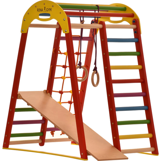 Indoor Spielplatz Rot aus Holz - Kletternetz, schwedische Leiter, Ringe, Rutsche