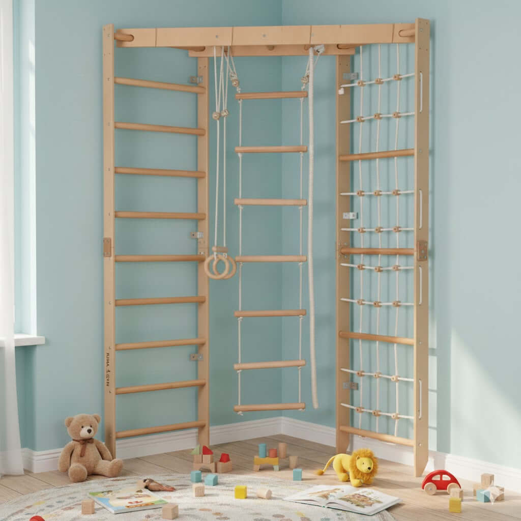 Kinder Eck-Kletterwand aus Holz, versch. Farben in einem Spielzimmer mit Spielzeug