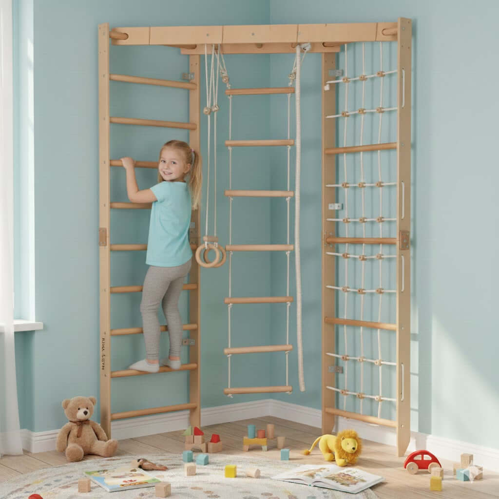 Kinder Eck-Kletterwand aus Holz, versch. Farben mit einem lächelnden Mädchen, die spielerisch klettert.