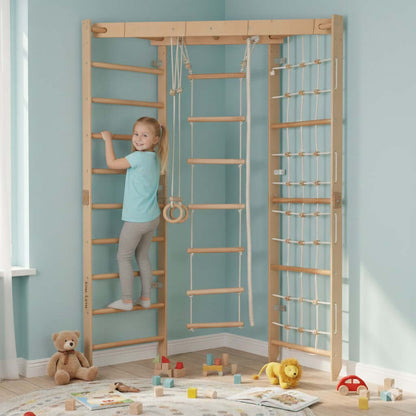 Kinder Eck-Kletterwand aus Holz, versch. Farben mit einem lächelnden Mädchen, die spielerisch klettert.