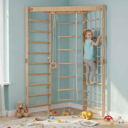 Kinder Eck-Kletterwand aus Holz, versch. Farben: Kind klettert an der Wand für Spaß und Bewegung.
